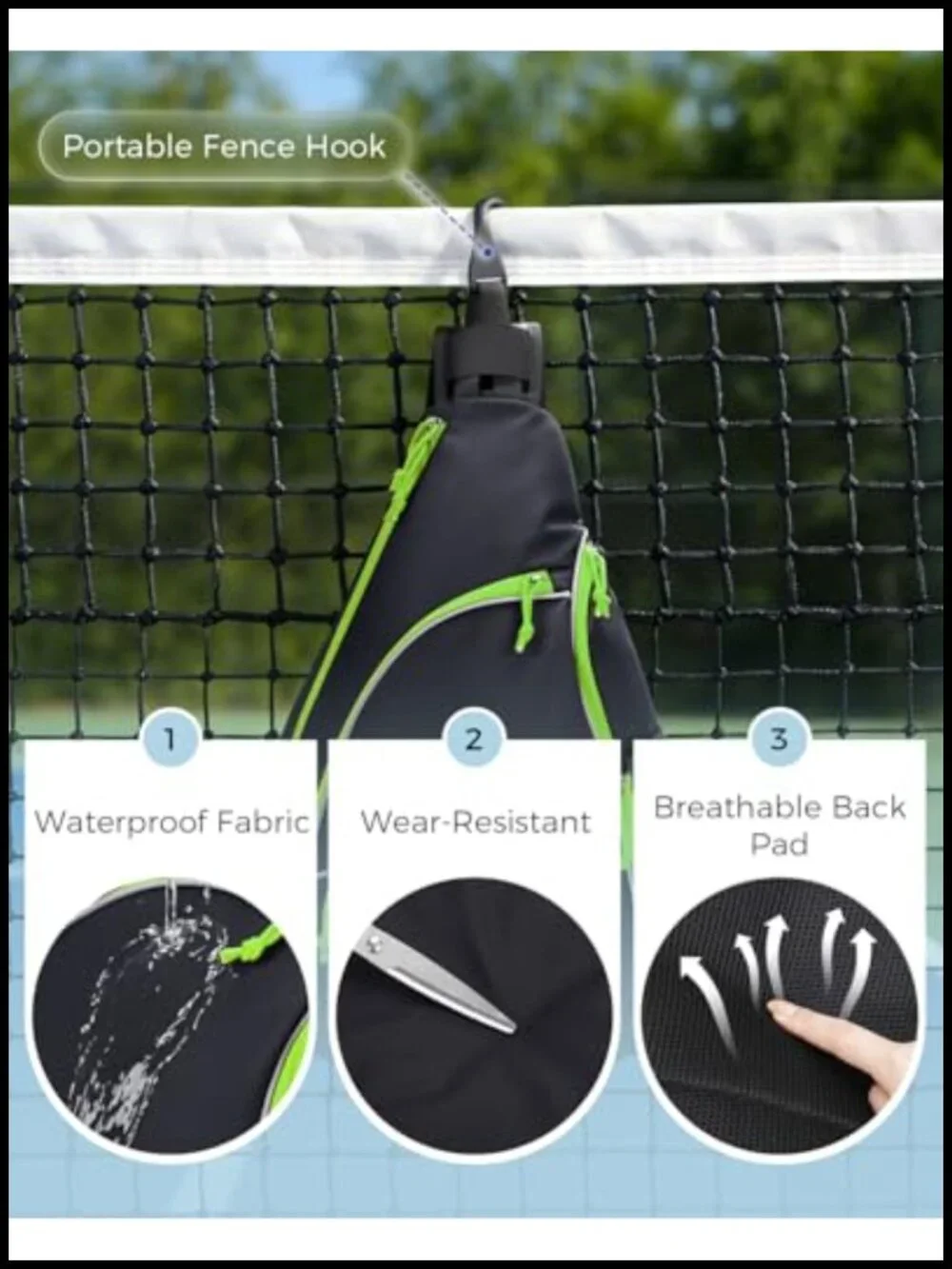 Pickleball Sling Bag with Paddle & Ball Compartments, Fence Hook,